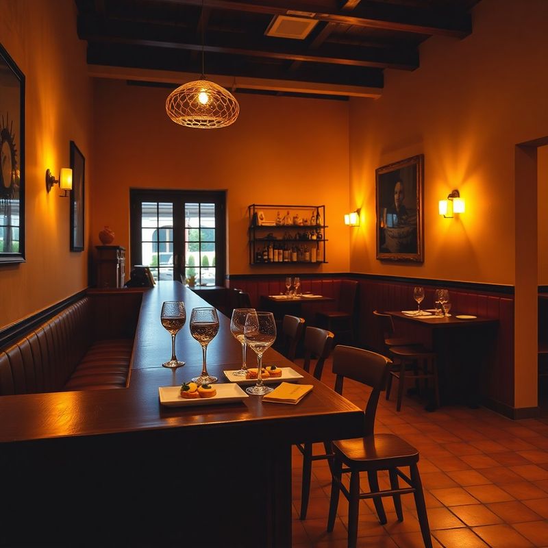 Txoko restaurant interior with warm terracotta tiles, dark oak bar and pintxos at evening service
