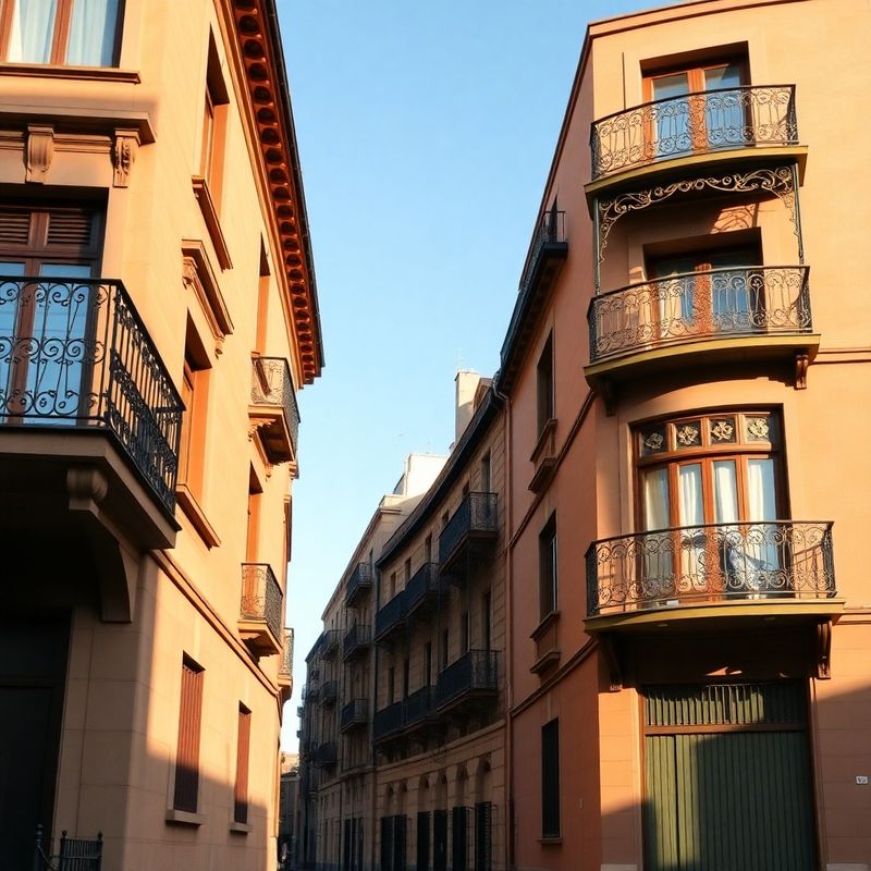 Early-twentieth-century Ensanche building facade with ornate ironwork balconies in warm afternoon light