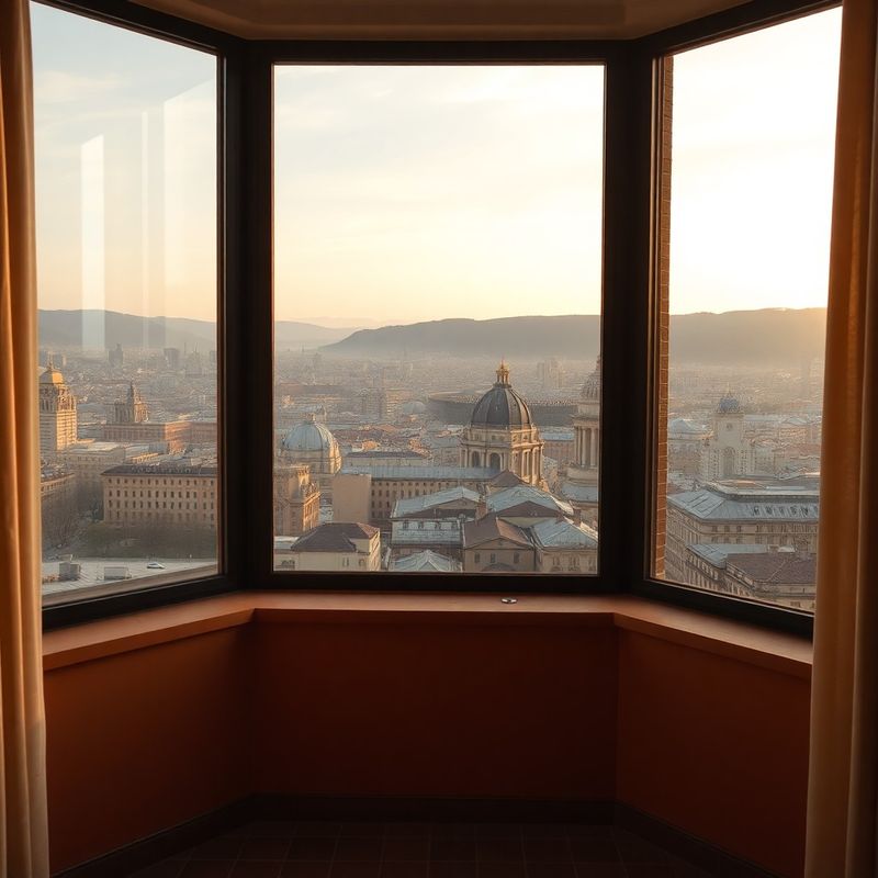 Bilbao skyline seen through a floor-to-ceiling hotel window with terracotta plaster wall