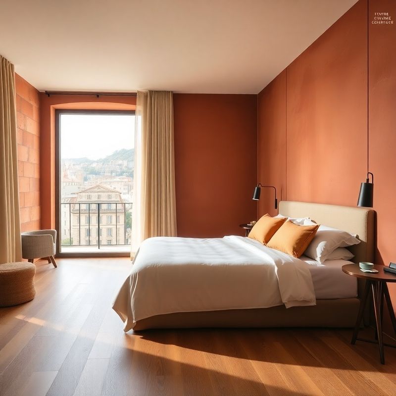 Boutique hotel room interior with terracotta plaster feature wall, cream linen bedding and a large window