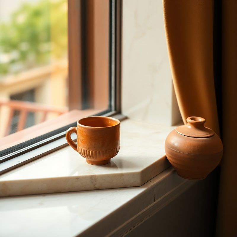 Terracotta ceramic cup and handmade pottery on a cream limestone windowsill in soft Basque daylight